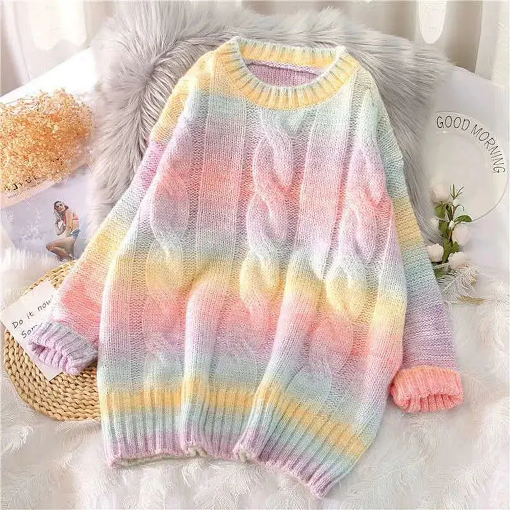 

Autumn Winter O-Neck Long Loose Striped Korean Jumpers Candy Color Oversized Female Tops Women Rainbow Sweaters Tie Dye Pullover