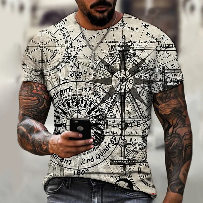 

European and American retro elements compass compass 3D printing summer fashion men's T-shirt short sleeve cross-border e-commer