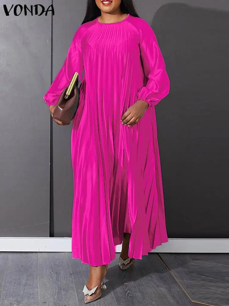 

VONDA летнее Женское Платье макси с длинным рукавом, сатиновый сарафан 2023, повседневный однотонный свободный элегантный Шелковый плиссированный строгий сарафан, Халат