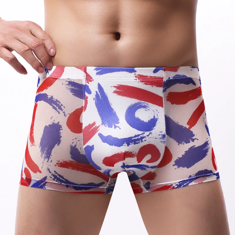

Пикантные мужские трусы, ледяное шелковое нижнее белье со средней талией, мужские боксеры, шорты, модные дышащие Бесшовные Боксеры с принто...