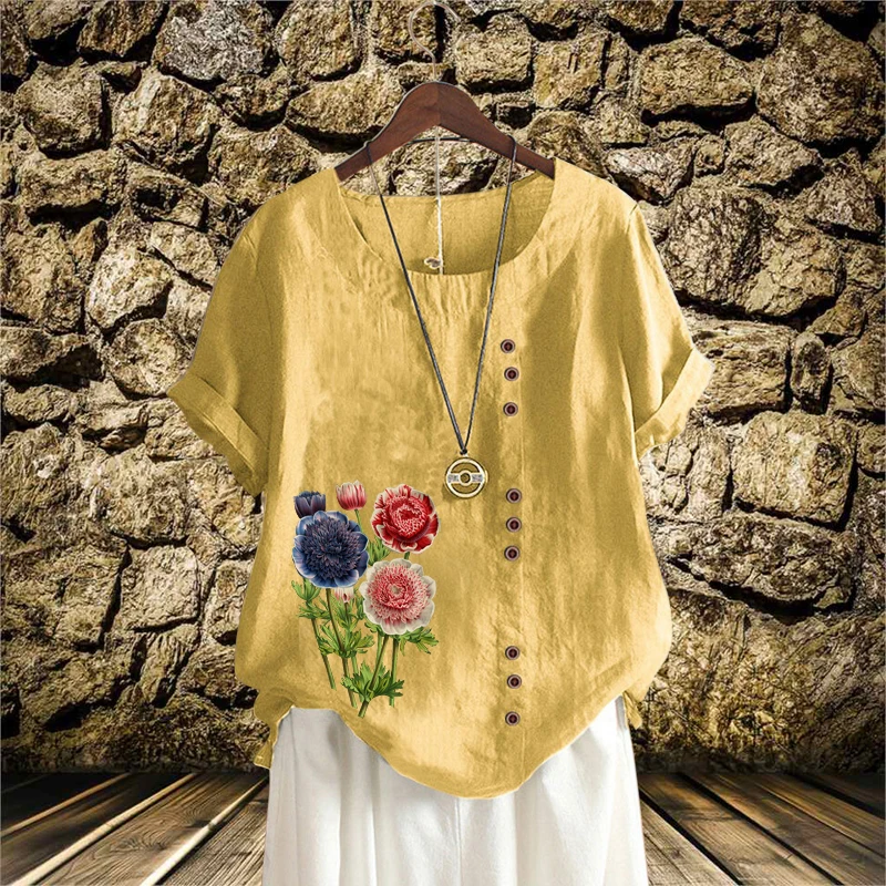

O Neck Short Sleeve Shirt for Women in Summer Plus Size Vintage Cotton Linen Casual Loose T Shirt Pattern Print Top XS-5XL