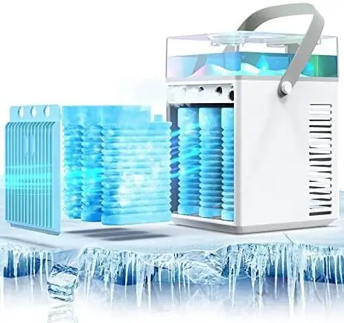 

Air Conditioner Fan, Rechargeable 4-IN-1 Personal Mini Cooler Humidifier, 3-Speed Evaporative Air Cooler with 7 Color Lights, Co