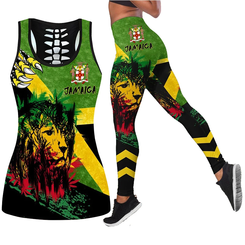 Women's Fashion Summer 3D Jamaica Combo Outfit Print Sleeveless Tank Top and Leggings Ladies Skull Print Plus Size Tops Vest