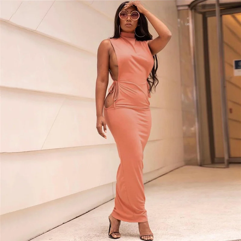 

Sylph Bandage Hollow Out Maxi Dress Women Solid Elegant O-neck Sleeveless Sexy Straight Rope High Street Party Female Clothing