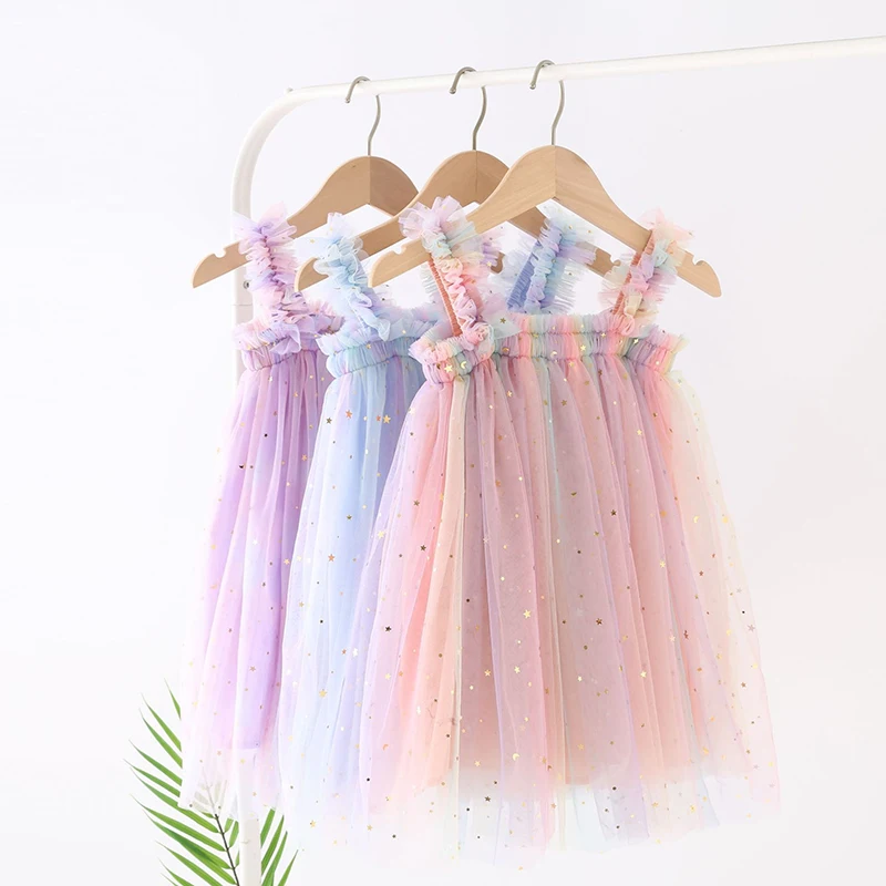 

New 2023 Baby Dresses For Girl Summer Sequined Star Rainbow Slip Mesh Dress Girls Sleeveless Photography Princess Dress 0-6 Year