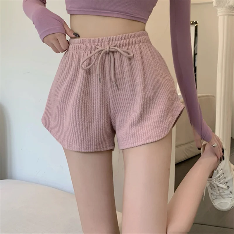 

Women Shorts Summer High Elastic Lace Up Drawstring Wide Leg Sweat Shorts Solid Color Comfortable Breathable Lady Shorts