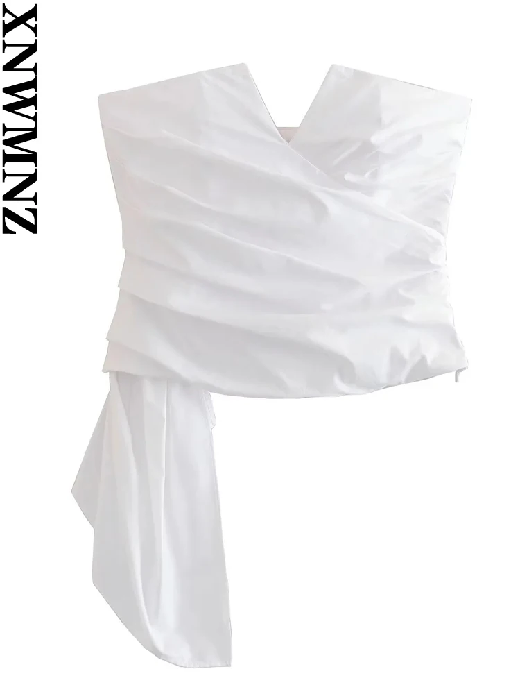 

XNWMNZ 2023 Women's Fashion Strapless Top Women High Street V-neck Off Shoulder Asymmetric Hem Draped Female Chic Top