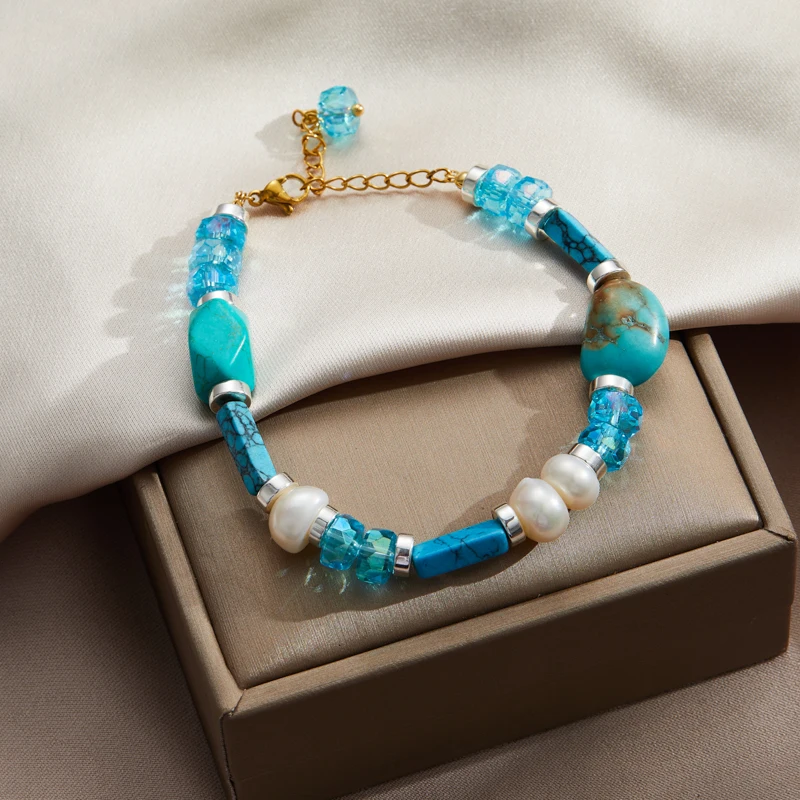 

Blue Crystal Natural Stone Handmade Beaded Bracelet Women Korean Fashion Exquisite Natural Pearl 2023 New Jewelry Accessories