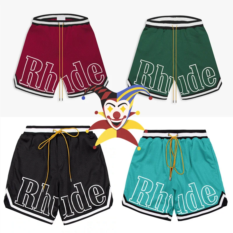 

2022ss RHUDE Shorts Men Women Casual Mesh Leather Embroidered Track Breathable Shorts Drawstring Casual gym shorts