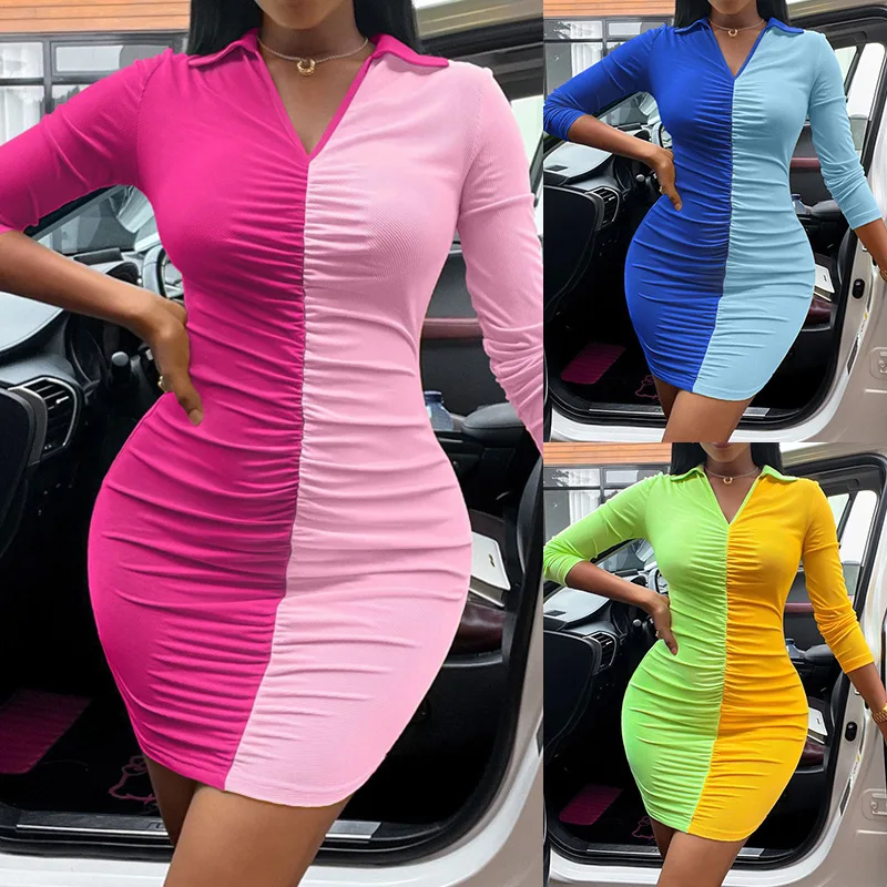

Fashion Women's Y2k Dress 2022 Autumn and Winter New Long-sleeved Mini Dress Color Matching Pleated V-neck Tight Dress