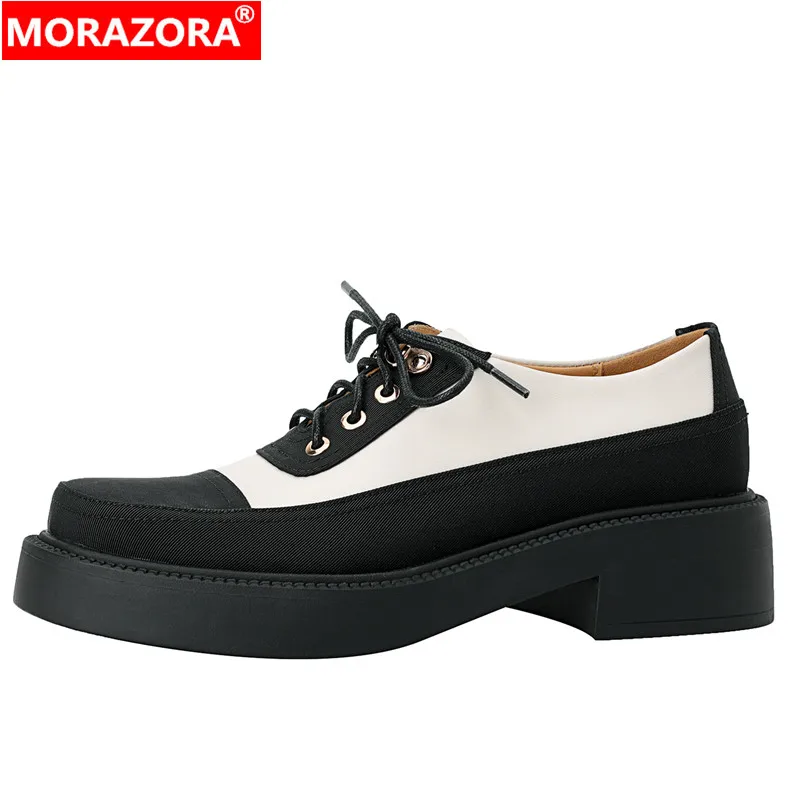 

MORAZORA New Round Toe Loafers Shoes Woman Mixed Colors Med Heels Dress Shoes Unique Shallow Lace Ladies Pumps