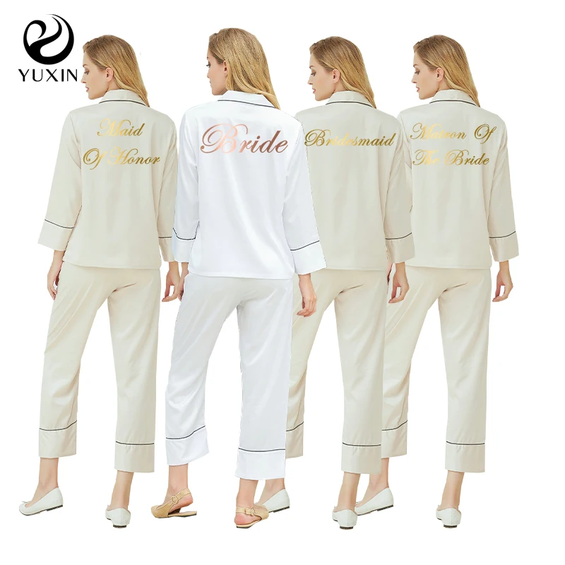 

Матовая атласная однотонная Пижама для женщин, пижама на заказ, Женский пижамный комплект, домашняя одежда, льняная Шелковая пижама с надписями цвета шампанского