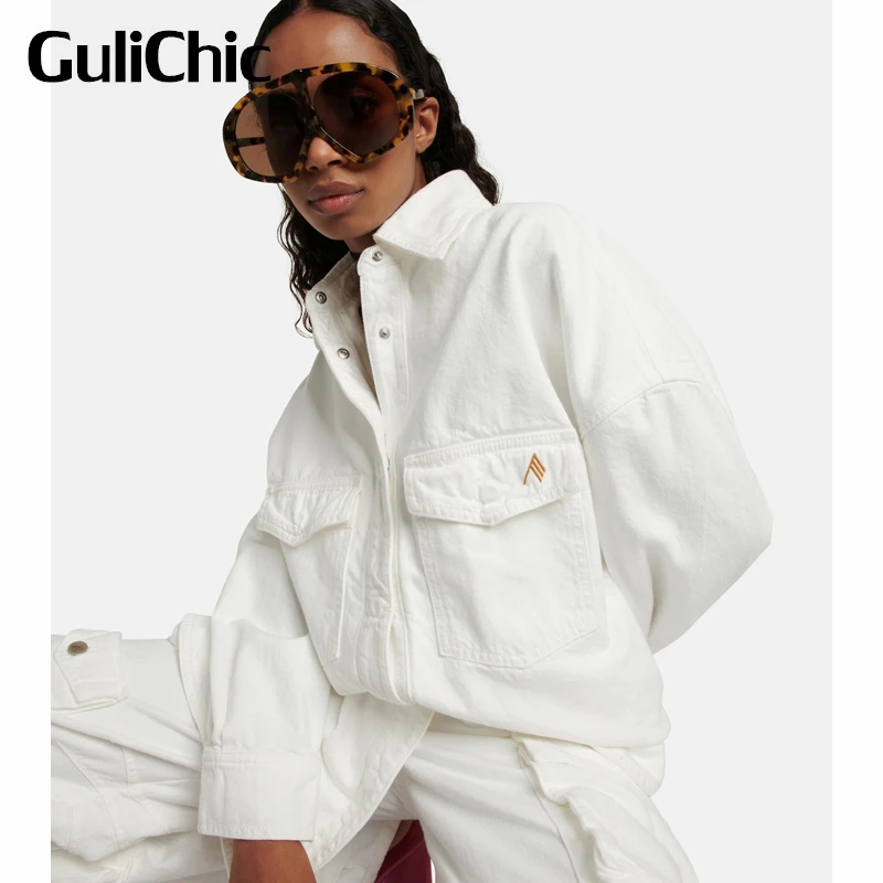 

2.7 GuliChic Women High Street Embroidery Pocket Single Breasted Casual Loose Midi Denim Coat Jacket