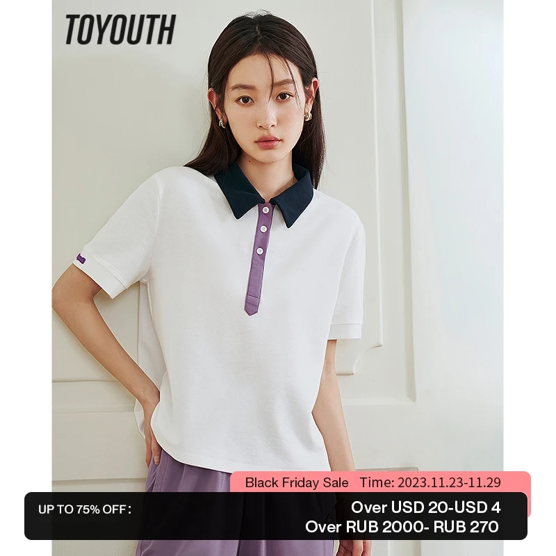 

Toyouth Women T-shirt 2023 Summer Short Sleeve Polo Neck with Buttons Loose Tees Contrast Casual Chic Basic All Match Tops