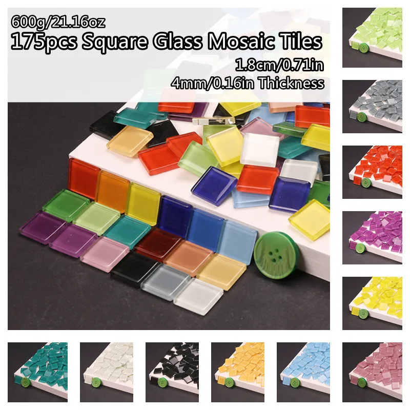 

600g/21.16oz(Approx. 175pcs) 1.8cm/0.71in Square Glass Mosaic Tiles 4mm/0.16in Thickness DIY Craft Tile Mosaic Making Materials