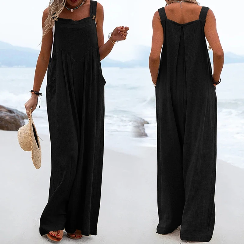 Women New Summer Sling Jumpsuit Wide Leg Pants Solid Button Pants Casual Elegant Bohemian Loose Comfortable Vacation