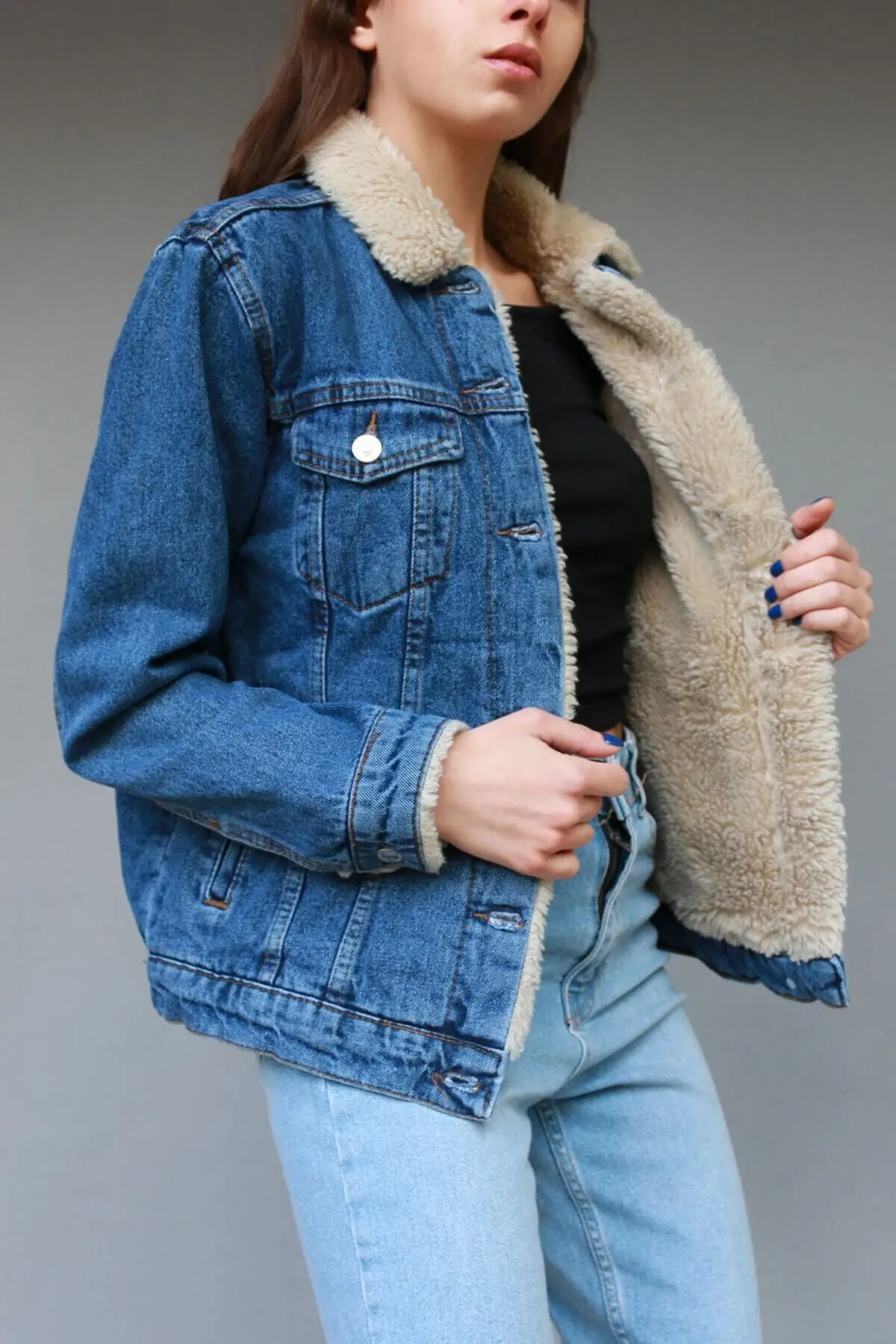 

Женская модная джинсовая куртка, пальто, пушистая джинсовая куртка