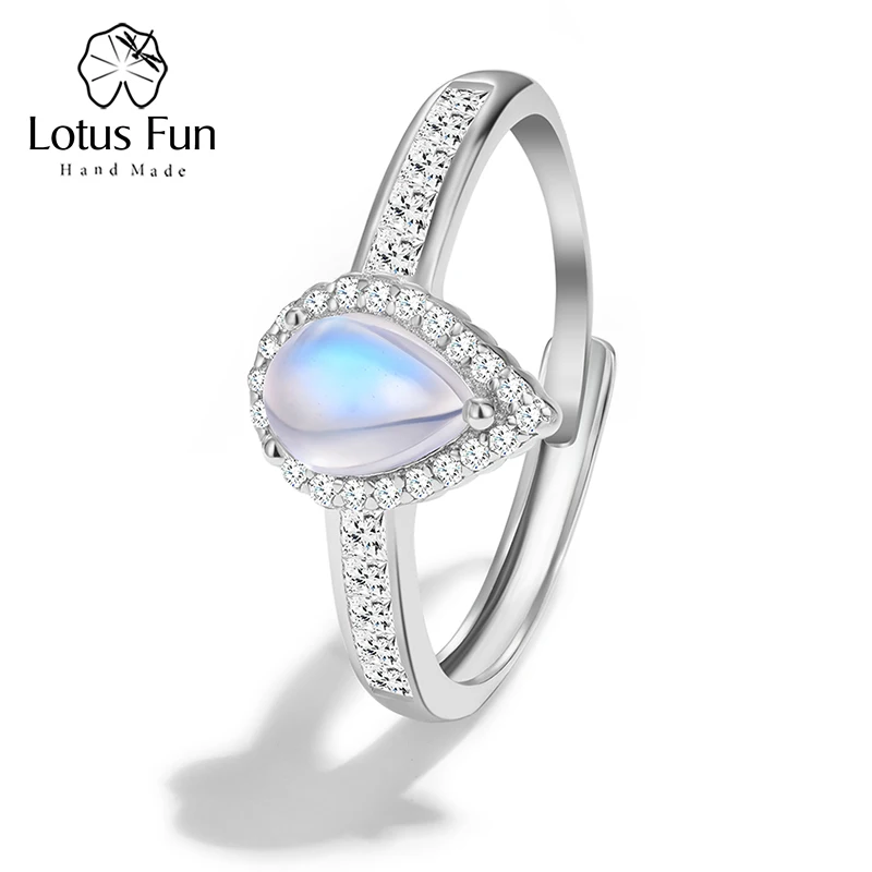 

Lotus Fun Zirconia Natural Blue Moonstone Water Drop Adjustable Rings for Women Real 925 Sterling Silver Luxury Fine Jewelry