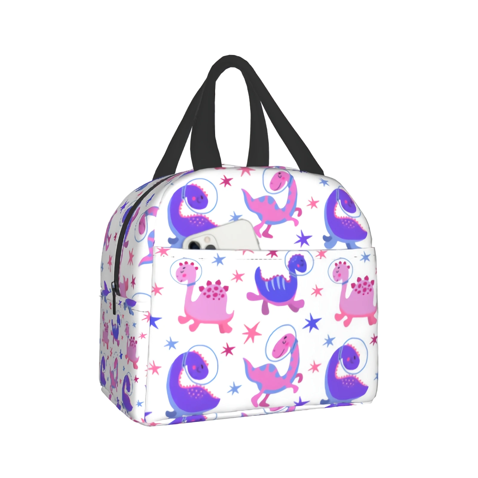 

Cute Dinosaurs In Cosmos Portable Insulated Lunch Tote Bag Waterproof for Men Women Kids Colorful Purple Pink Dino Pattern