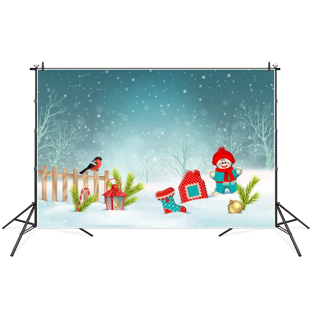 

Фон для фотосъемки с изображением рождественского снеговика сосны фонаря забора носков мультяшных персонажей