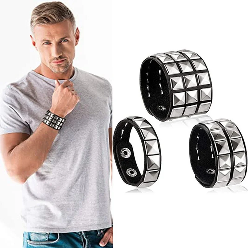 

Unique 1/2/3 Row Cuspidal Spikes Rivet Stud Wide Cuff Leather Punk Gothic Rock Unisex Bangle Bracelets for Men Birthday Jewelry
