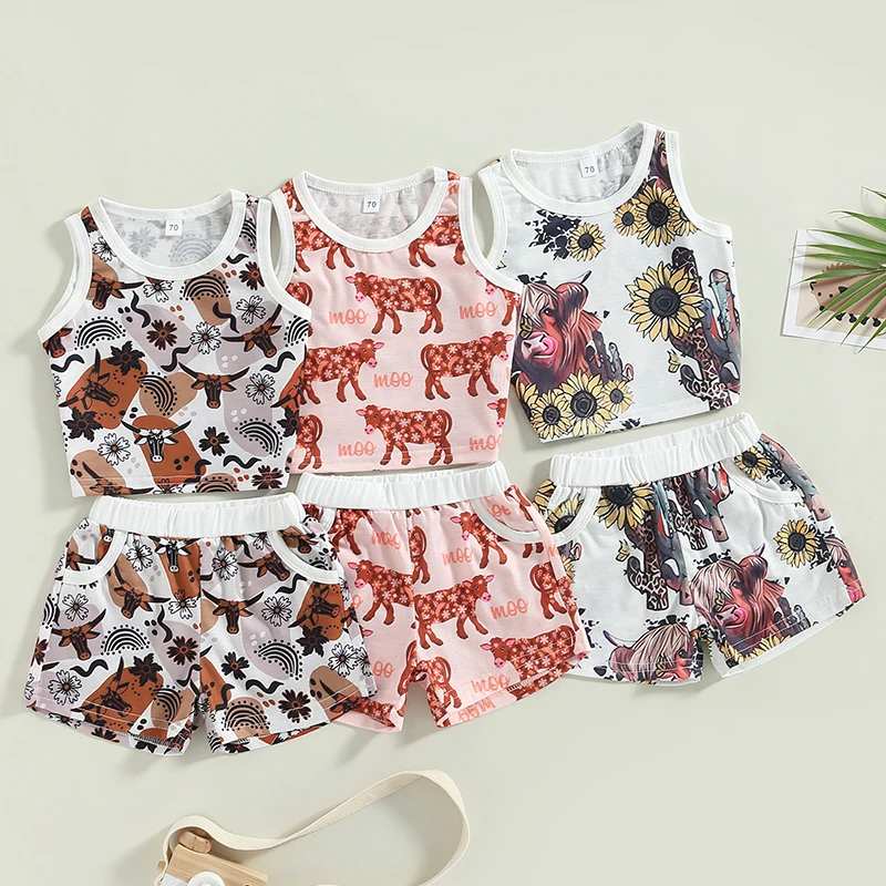 

Fashion Summer Newborn Baby Boy Girls Clothes Sets Cattle Flower Print Sleeveless Tanks Tops+Elastic Waist Shorts Casual Outfits