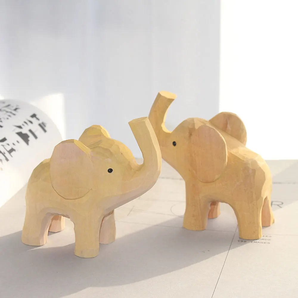 

1PC Wooden Elephant Ornament Animal Statue Crafts Wood Carving Mini Animals Home Decorations Children's Gifts