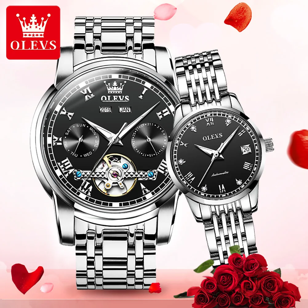OLEVS 6607 Fashion Automatic Mechanical Couple  Wristwatches Full-automatic Waterproof Stainless Steel Strap Watches for Couple