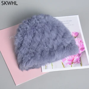 Imported 2023 New Fashion Russian Women Knitted Real Rabbit Fur Bomber Hats Winter Lady Warm Fluffy Rabbit Fu