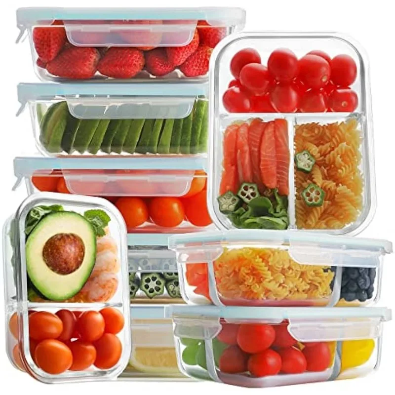 

Bayco 9 Pack Glass Meal Prep Containers 3 & 2 & 1 Compartment, Glass Food Storage Containers with Lids, Airtight Glass Lunch