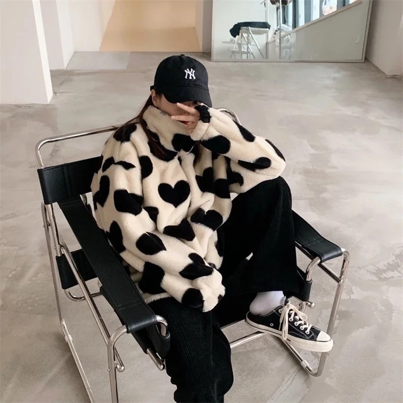 Gothic Faux Fur Coats Parkas Autumn Winter Thick Jacket Casual Fashion Lamb Fluffy Sweet Korean Loose Heart Pattern Warm Parka