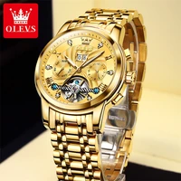 olevs genuine watches luxury gold tourbillon skeleton men automatic mechanical watch luminous hands waterproof relogio masculino
