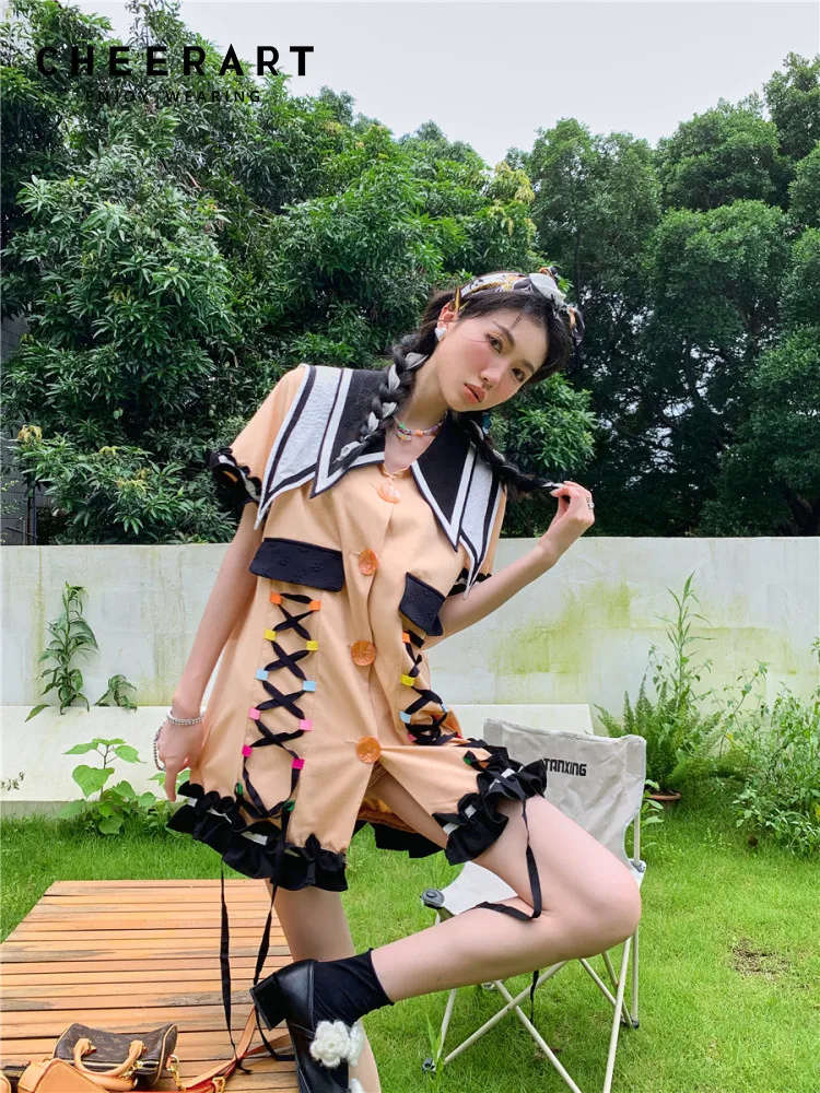 

CHEERART Designer Sailor Collar Kawaii Cute Shirt Dress For Women 2022 Short Sleeve Ruffles Ribbon Mini Dress Korean Fashion