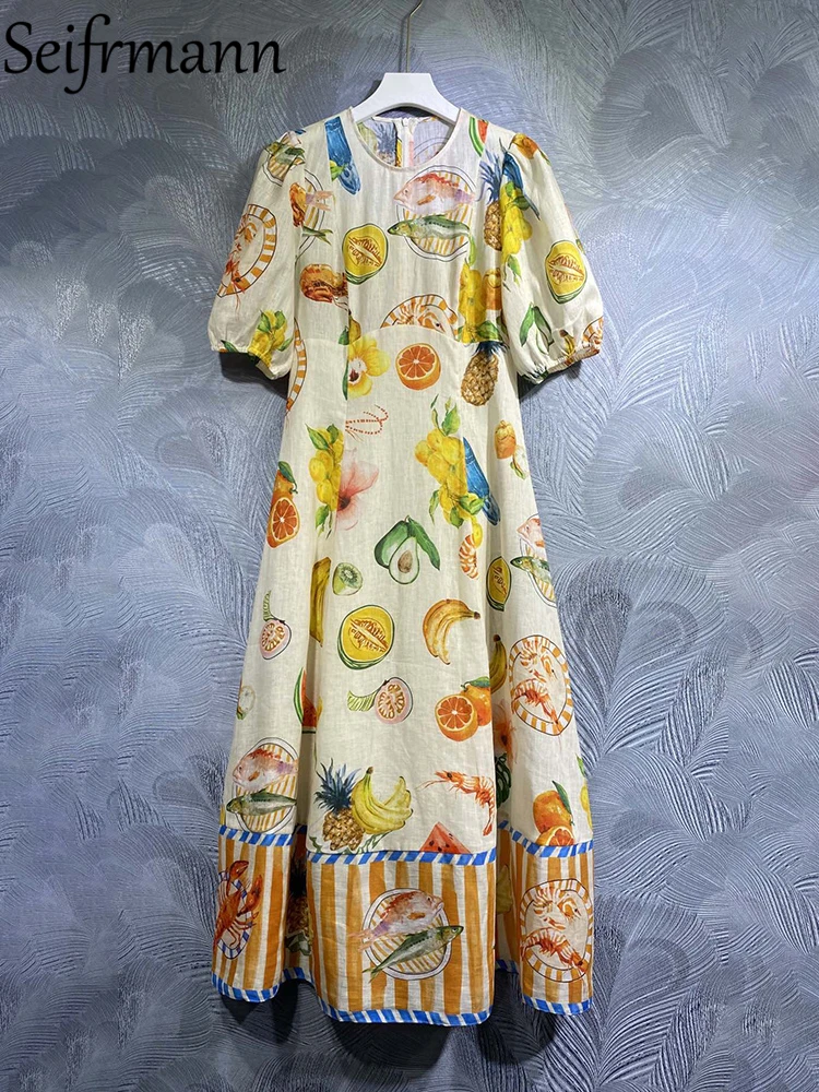 Seifrmann High Quality Summer Women Fashion Designer Holiday Long Dress Lantern Sleeve High Waist Fruit Printed Linen Dresses