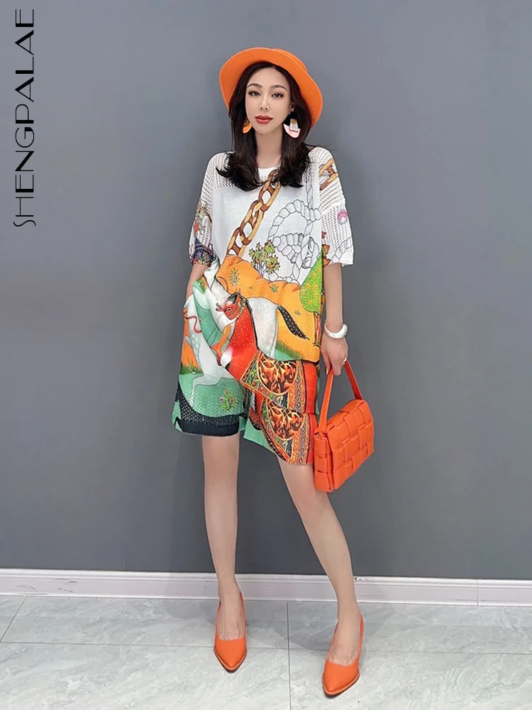 

SHENGPALAE Fashion Women's 2 Pcs Sets Printed O-neck Short Sleeve Pullover T-shirt Drawstring Shorts Summer 2023 New Tide 5R4250