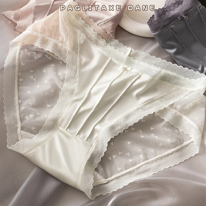 

Roseheart Women Fashion Skin White Cotton Bottom Lace Mesh Mid Waist Panties Underwear Lingerie Sexy Women Briefs Underpants