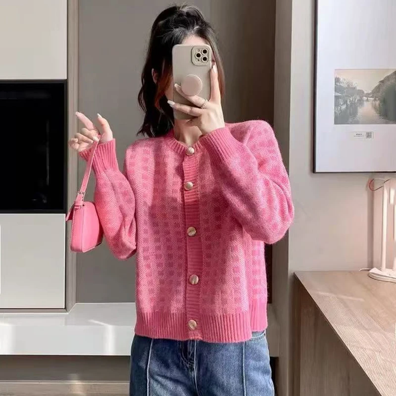Y2K Pink Knitting Women Cardigan Korean Sweet Preppy Plaid Long Sleeve Sweaters Harajuku O Neck Single Breasted Knit Jumper New