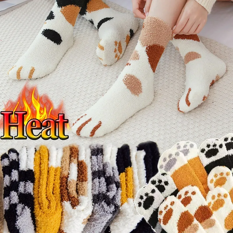 

Thickened Coral Fleece Socks 1Pair Cute Cat Claw Winter Soft Hosiery Warm Cotton Animal Sox Harajuku Women Home Floor Stockings