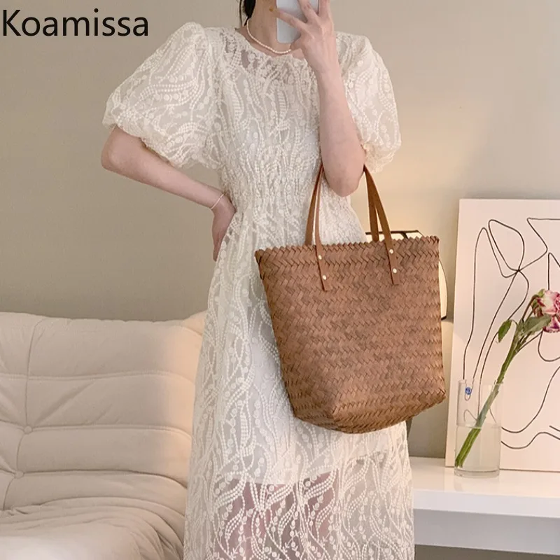 

Koamissa Elagant Women Party Dress Sweet Lace Short Puff Sleeve Waist Slim Vestidos Offrice Lady Summer Outwear Robe Dropship