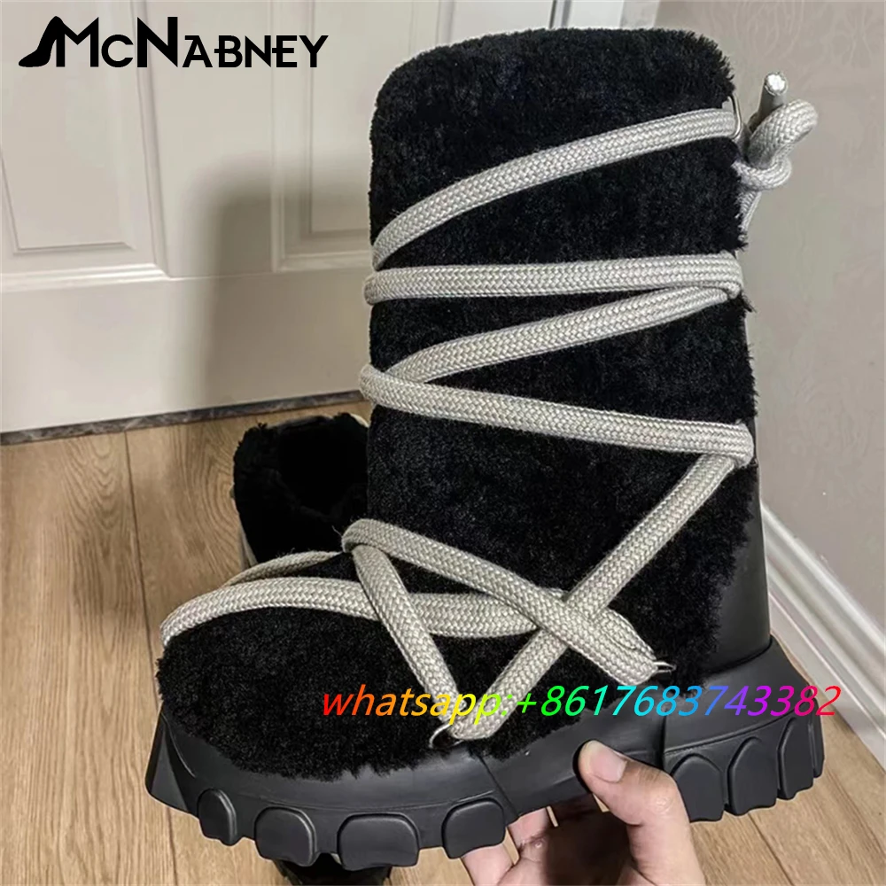 Winter Warm Fashion Boots for Women Fur Lace Up Cross Strap Calf Boots Designer Style Round Toe Shoes High Quality Snow Boots