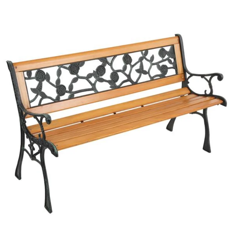 

49" Garden Bench Patio Porch Chair Deck Hardwood Cast Iron Love Seat Rose Style Back[US Stock]