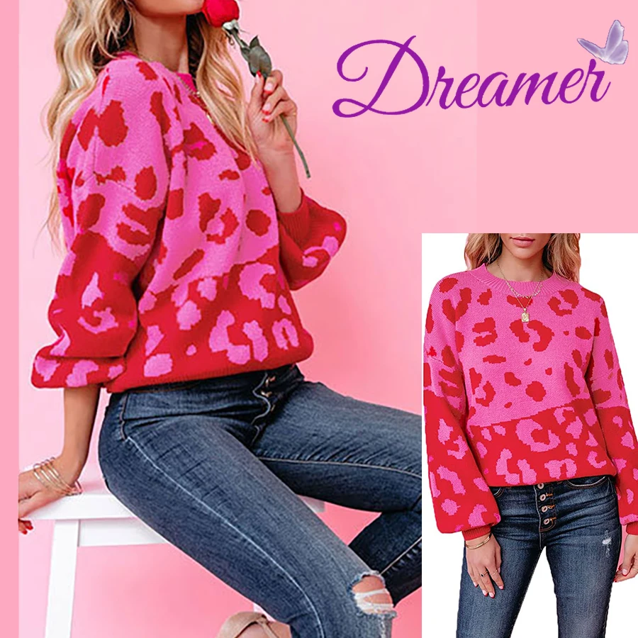 

Dreamer Lady's Casual Leopard Crew Neck Loose Fit Sweater Long Sleeve Slouchy Pullover Knitted Fuzzy Jumper Tops for Women
