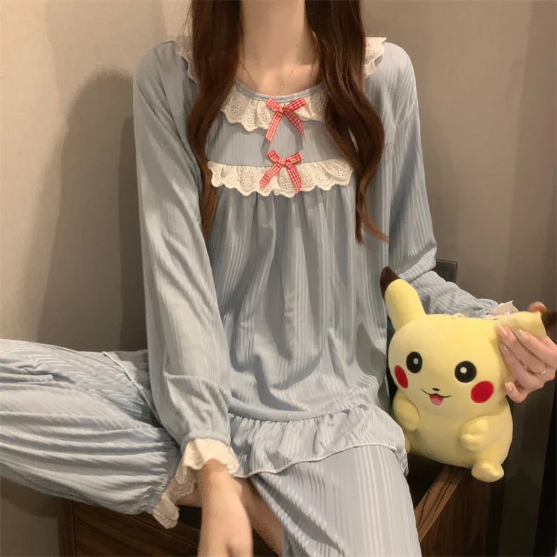 Pajamas Set Sexy Bow Sleepwear For Women Pink Elastic Pyjama Women's Polyester Fashion Sweet Homewear Clothes Big Size