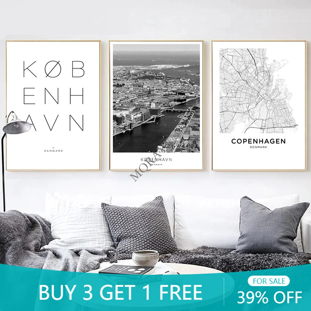 Копенгаген данмарк городской пейзаж настенная Картина на холсте плакат черный белый скандинавский эстетический Декор для дома