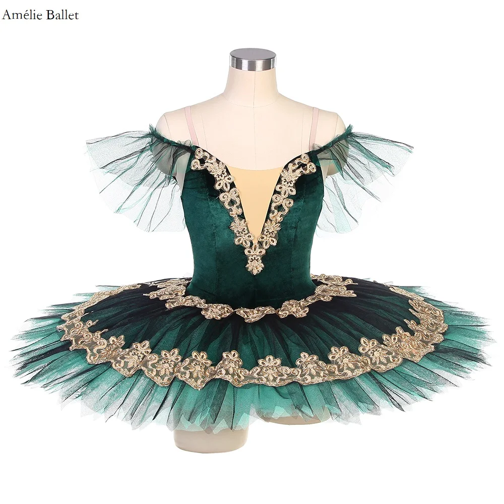 

BLL483 Adult Girls Off Shoulder Green Stretch Velvet Bodice with Gold Sequin Applique Pre-professional Ballet Tutu Pancake Tutu