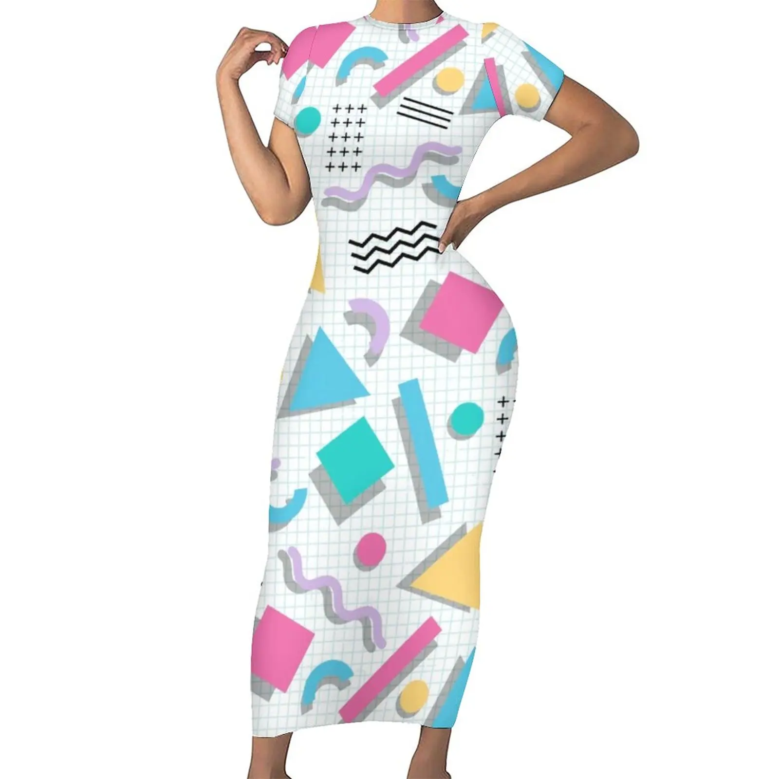 

Memphis Shapes Dress Ladies Geometric Aesthetic Bodycon Dress Holiday Short Sleeve Kawaii Maxi Dresses Print Oversize Clothing