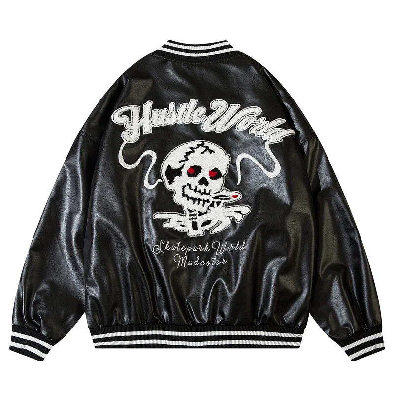 Gothic PU Leather Baseball Jacket Letter Skull Embroidery Bomber Jackets 2022 Punk Fashion Varsity Coats Oversized Streetwear