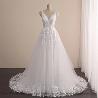 fashion a line wedding dresses sleeveless applique flower lace open back floor length print high quality gowns robe de ma