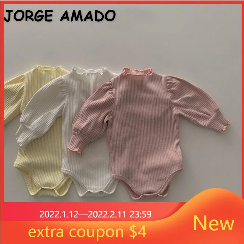 

2022 Korean Style Spring Baby Wear Girl Bodysuit Long Sleeves Edible Tree Fungus Collar Candy Color Jumpsuit Child Clothes E2680