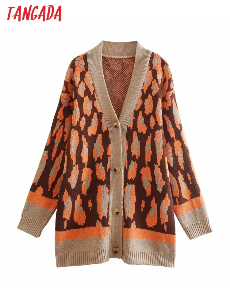 

Tangada Women Thick Warm Leopard Loose Cardigan Buttons Vintage Jumper 2022 Female Knitted Cardigan 1F62